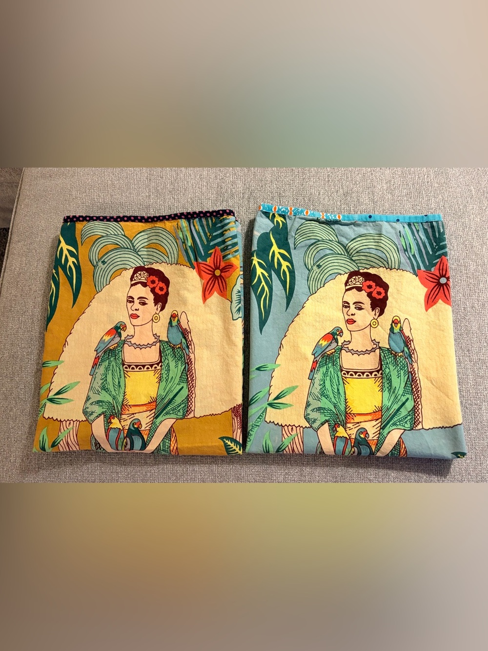 Karma Living Frida Multicolor Frida-Tea Towels . Cotton in Teal, Yellow, Pink-